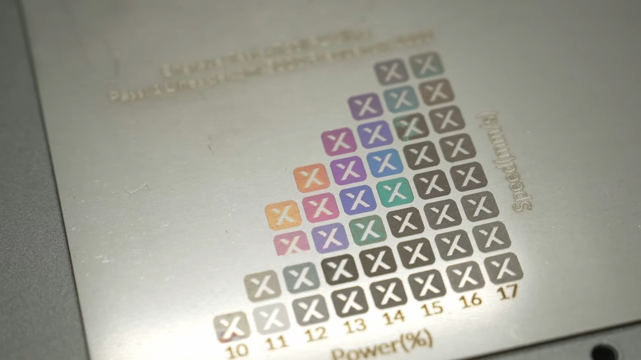 MOPA laser color test grid on stainless steel